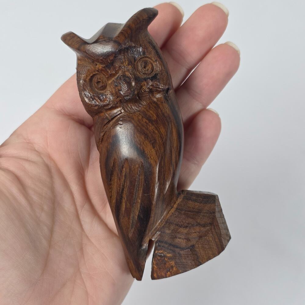 Vintage MCM Hand Carved Ironwood Owl Sculpture Statue Figurine Decor 4 In Small
